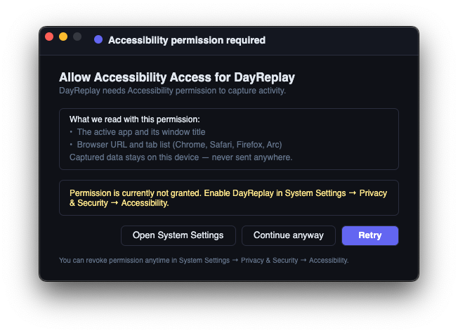 DayReplay's Accessibility permission dialog on macOS: 'Allow Accessibility Access for DayReplay', listing the active app and window title and browser URL and tab list, with Open System Settings, Continue anyway, and Retry buttons