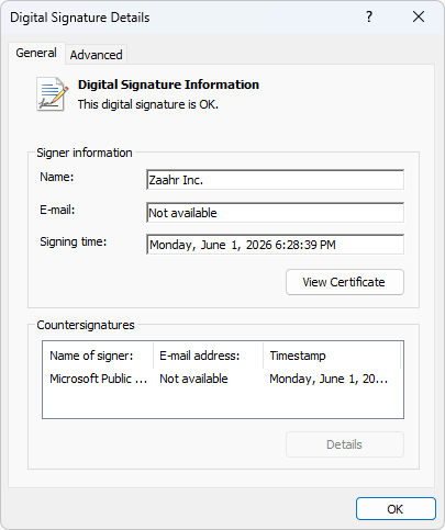 Windows Digital Signature Details dialog reading 'This digital signature is OK', with signer name Zaahr Inc. and a Microsoft Public countersignature timestamp