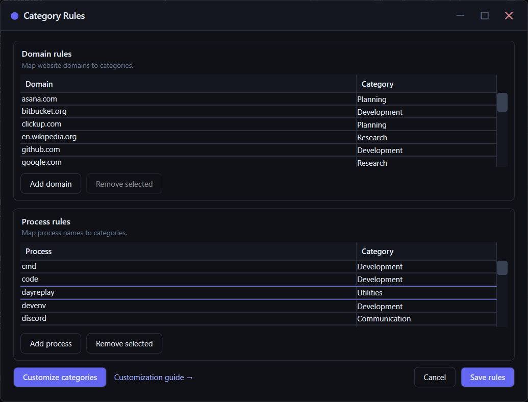 DayReplay Category Rules dialog showing the domain and process rule tables