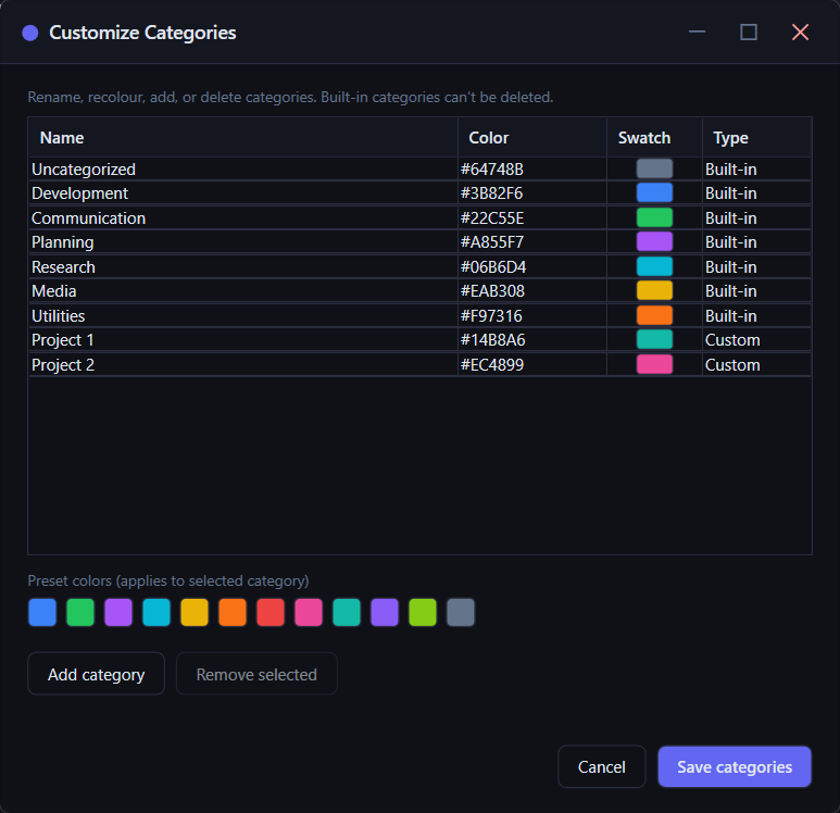 DayReplay Customize Categories editor showing the list of categories with editable names and colour swatches, plus the preset colour palette