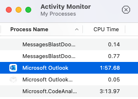 macOS Activity Monitor with the Microsoft Outlook process row highlighted, showing the process name DayReplay matches against