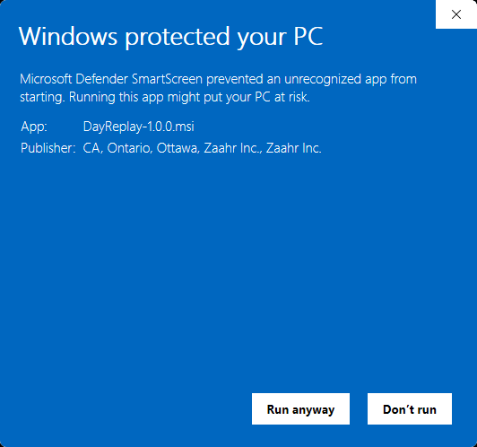Windows SmartScreen warning showing 'Windows protected your PC' for latest-windows.msi